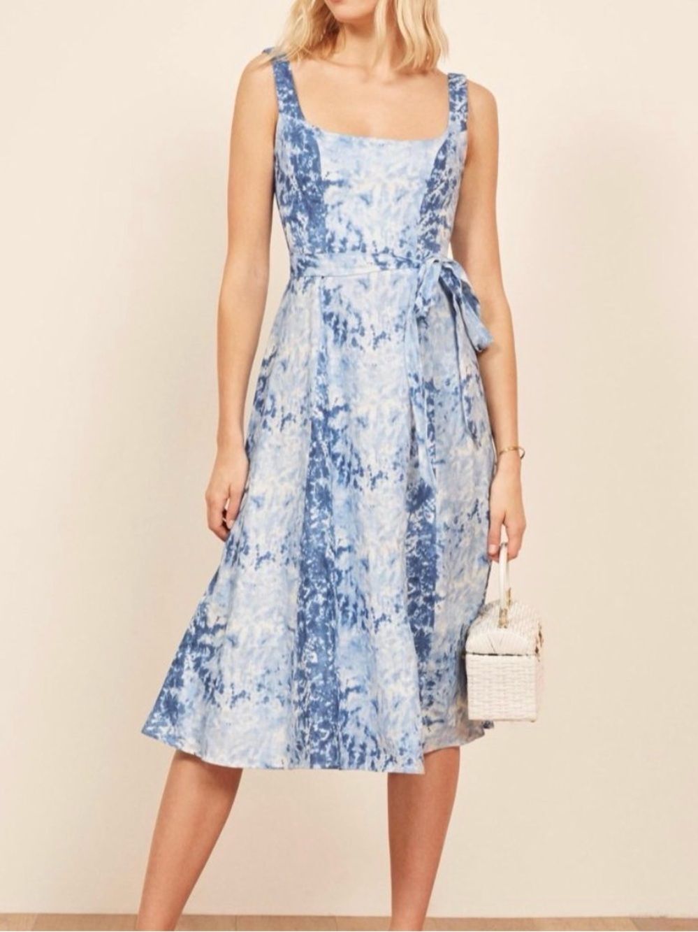 Reformation Blue Linen Tie-Dye Midi Dress M